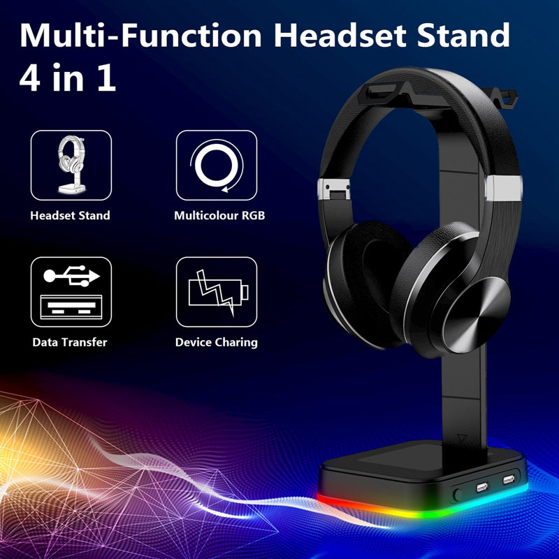 RGB Gaming Headset Stand with 2 USB Charging Ports – LED Headphone Holder