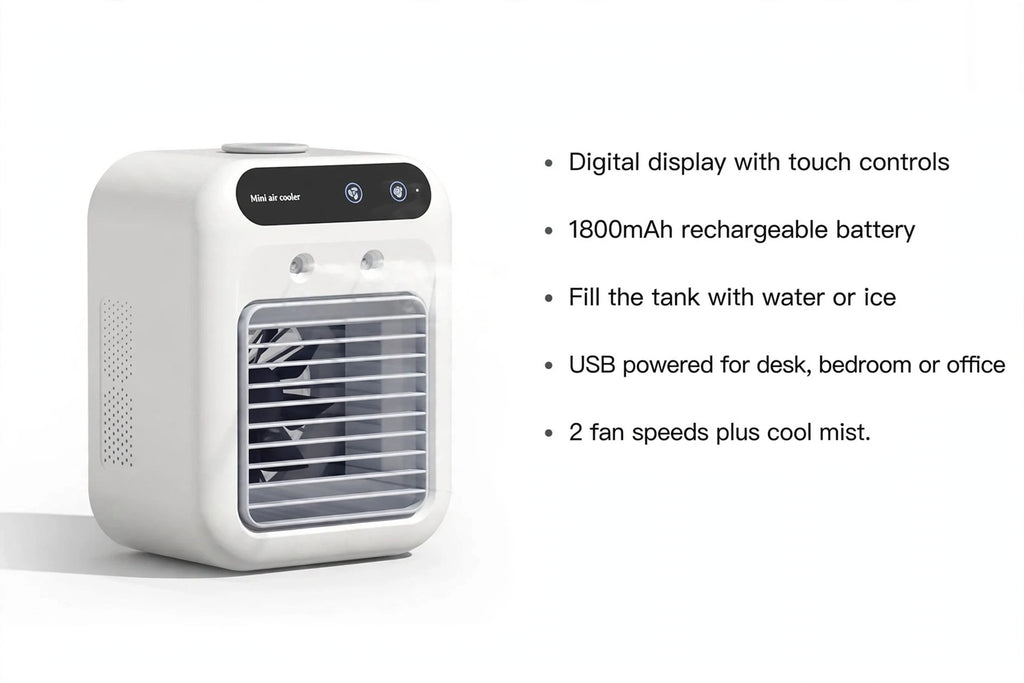 Portable Personal Air Cooler with Digital Display — USB Rechargeable Cooling Fan for Desk, Bedroom & Office