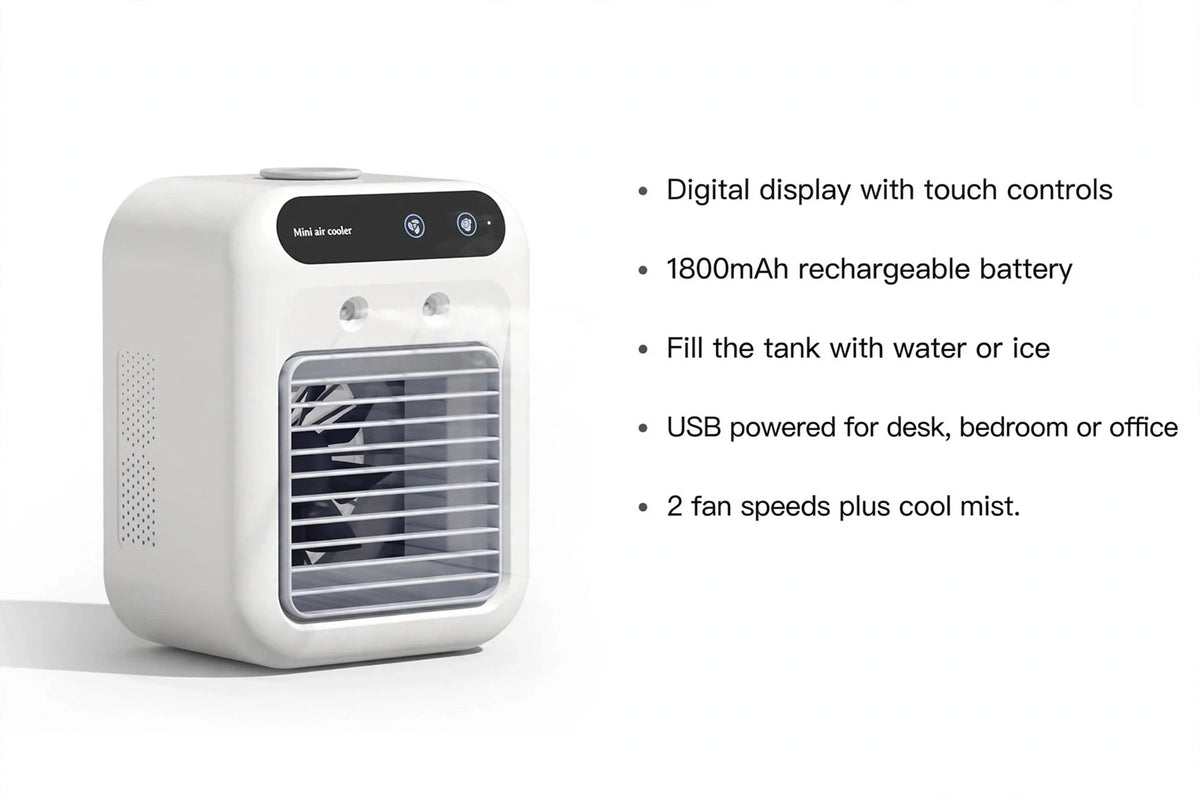 Portable Personal Air Cooler with Digital Display — USB Rechargeable Cooling Fan for Desk, Bedroom & Office